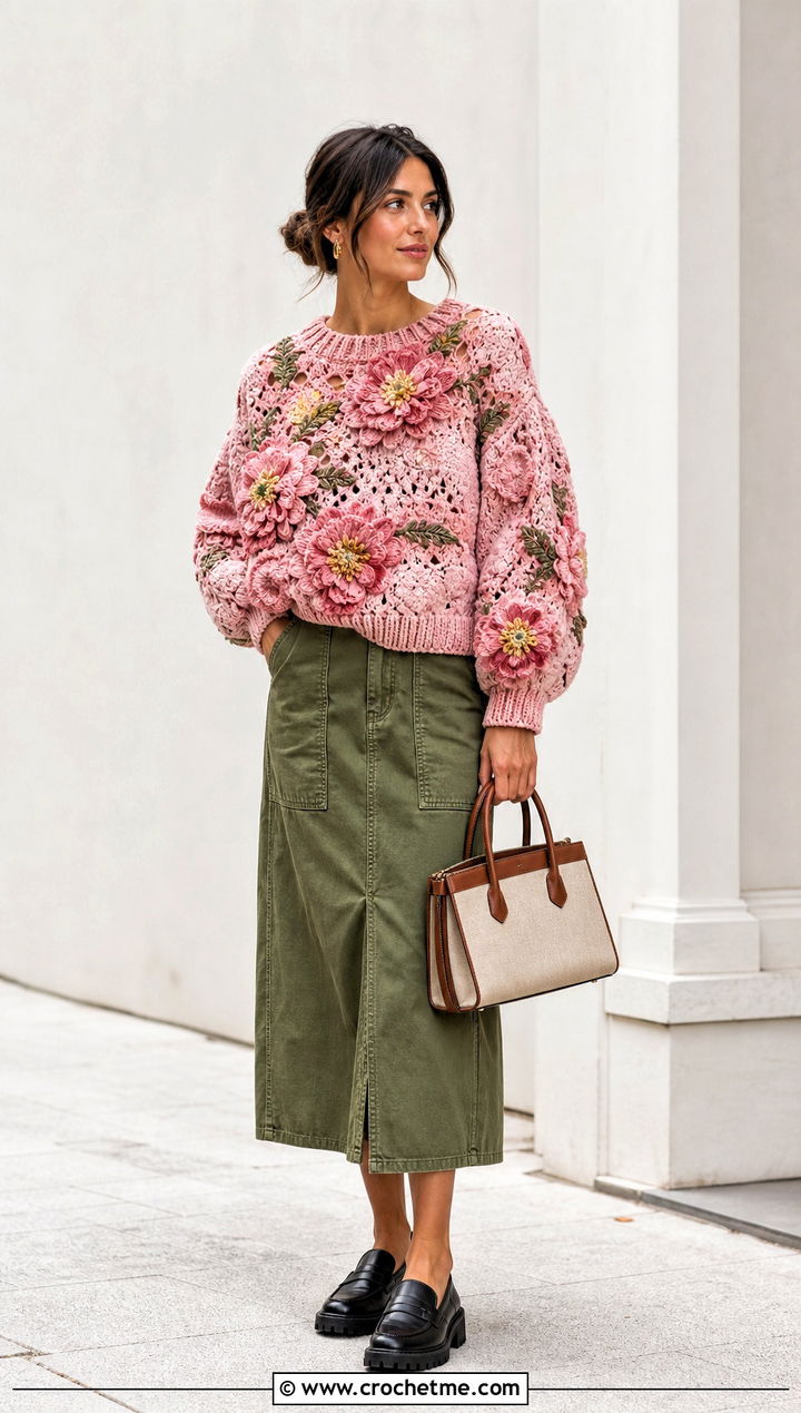 Floral Applique Puffy Crochet Sweater With Utility Skirt - 15 Puffy Crochet Sweater outfit ideas