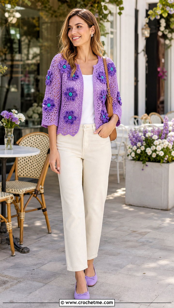 Floral Applique Purple Crochet Cardigan With Ecru Denim - 35 purple crochet cardigan outfit ideas