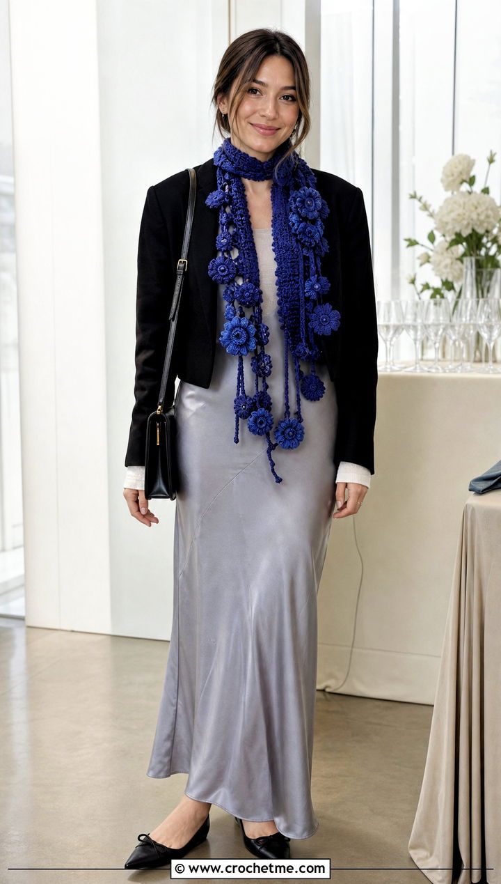 Floral Applique Scarf With Slip Dress - 35 crochet neck scarf outfit ideas
