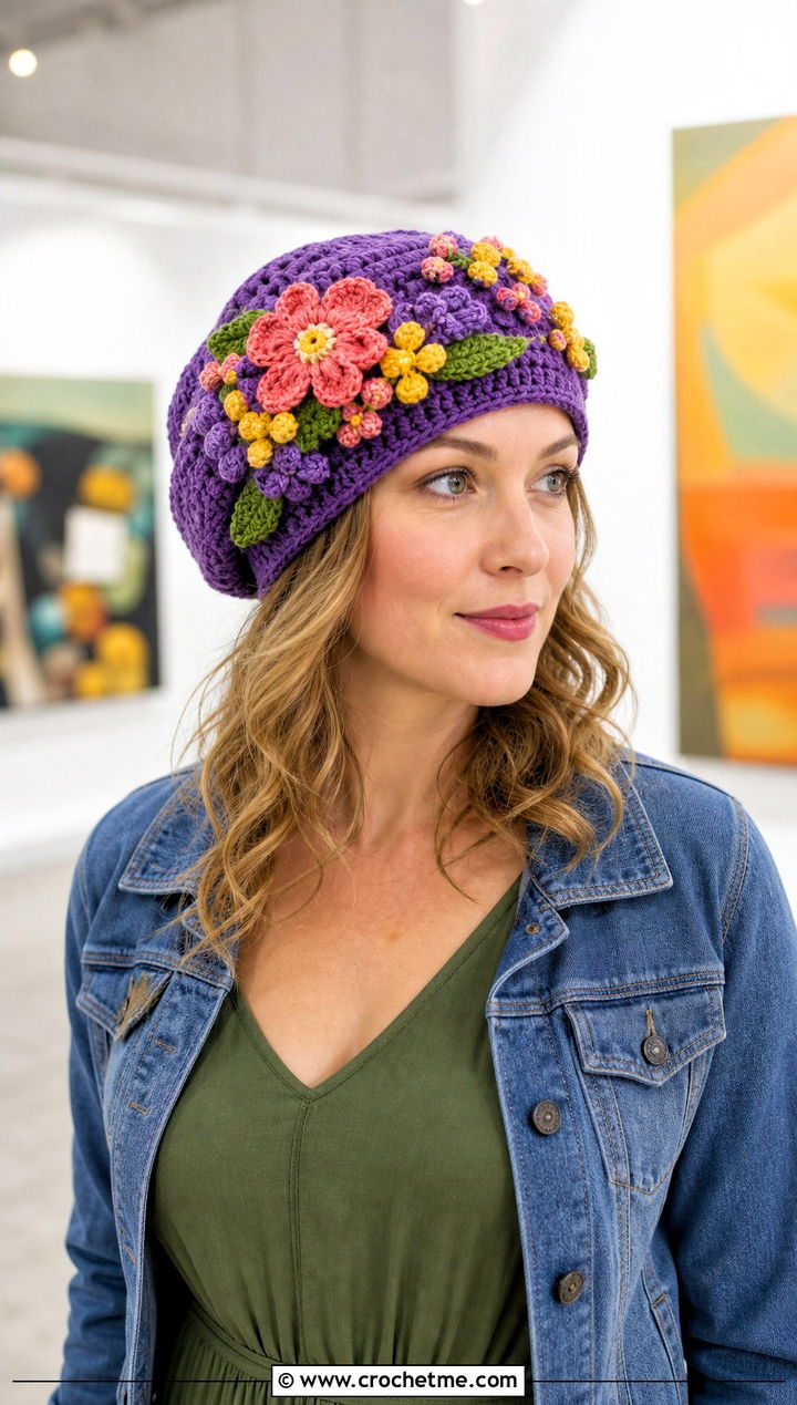 Floral Applique Slouch Crochet Hat With Minimal Dress - 30 slouch crochet hat outfit ideas