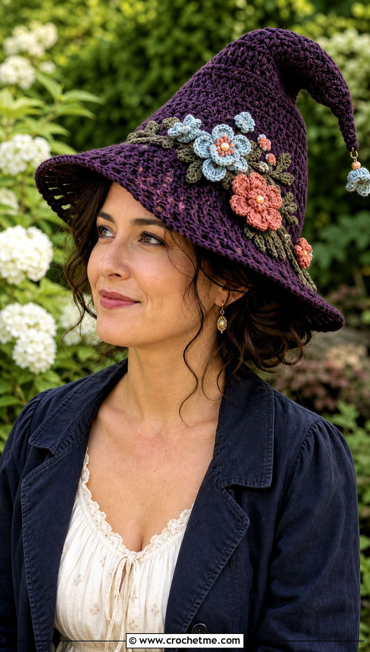 Floral Applique Slouchy Crochet Witch Hat With Prairie Dress - 30 slouchy crochet witch hat outfit ideas