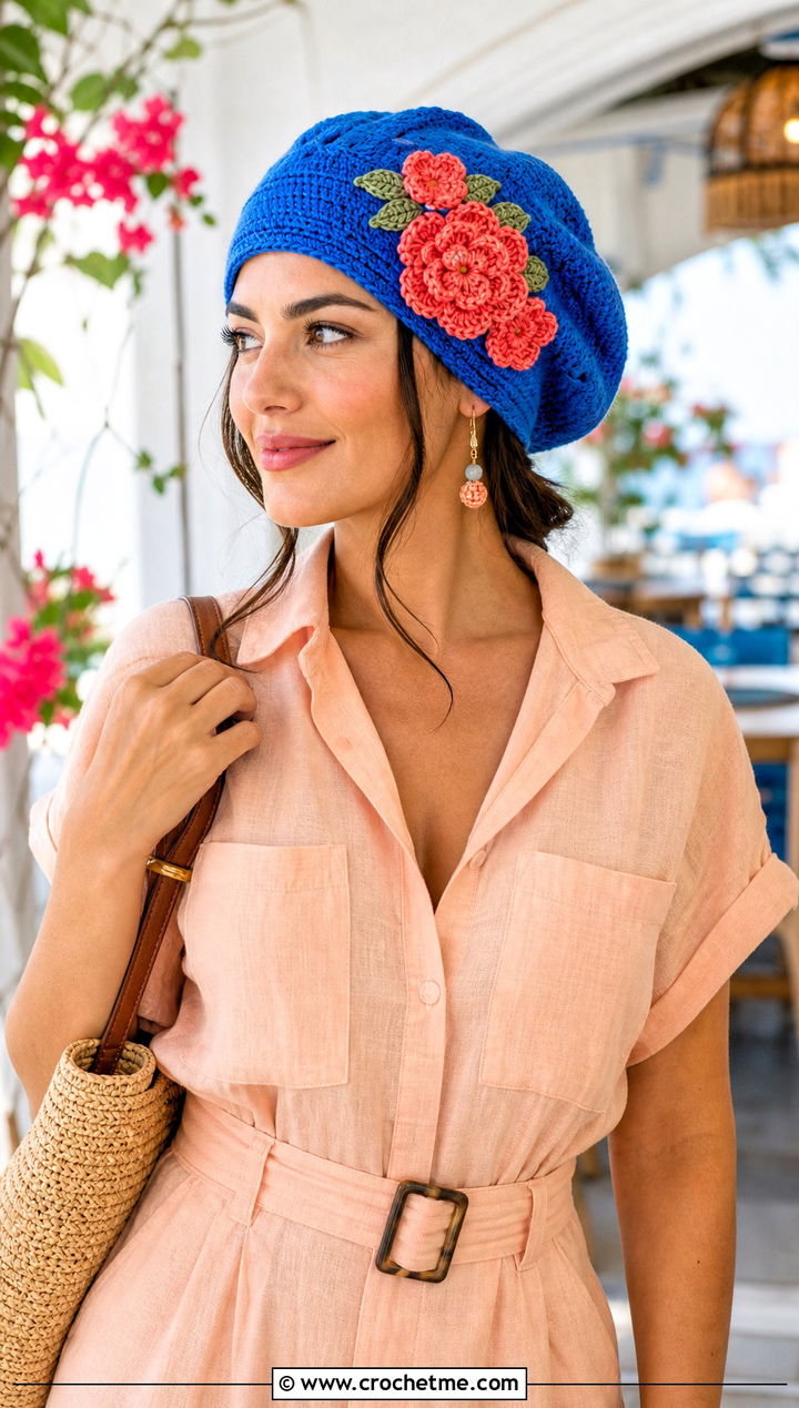 Floral Applique Slouchy Hat With Linen Romper - 20 Summer Slouchy Crochet Hat outfit ideas