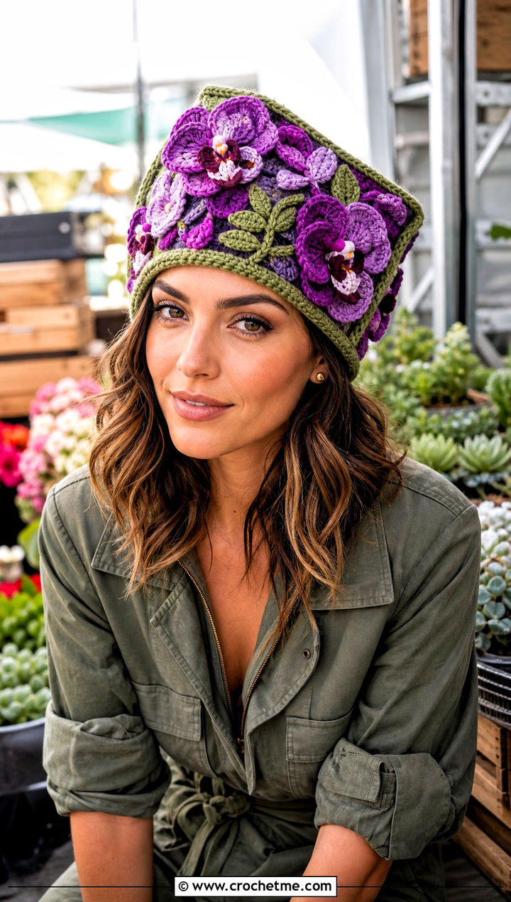 Floral Applique Square Beanie With Utility Jumpsuit - 25 square crochet beanie outfit ideas