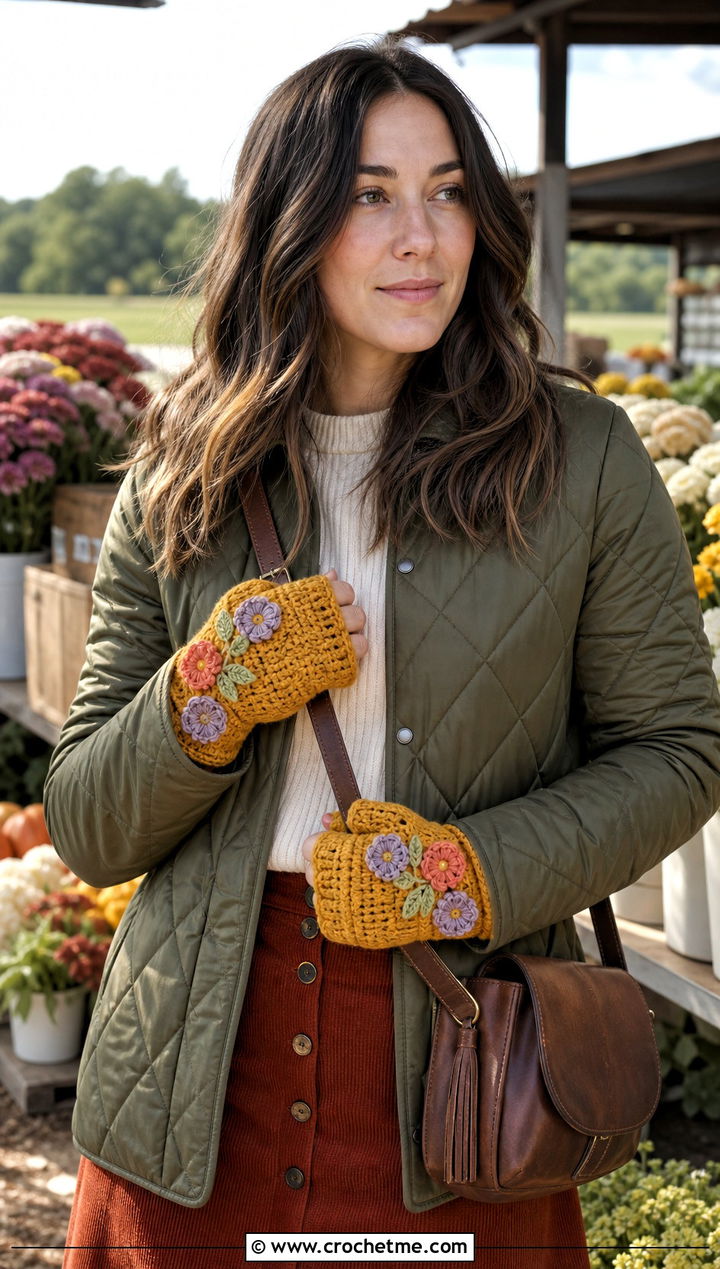 Floral Applique Tabi Crochet Mittens With Quilted Jacket And Corduroy Skirt - 25 Tabi Crochet Mittens outfit ideas