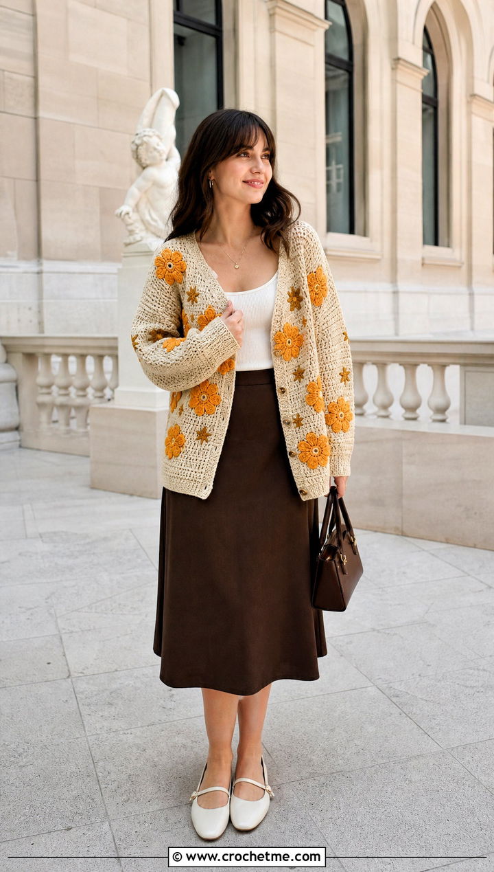 Floral Applique Taylor Swift Crochet Cardigan With A Line Skirt - 35 crochet taylor swift cardigan outfit ideas