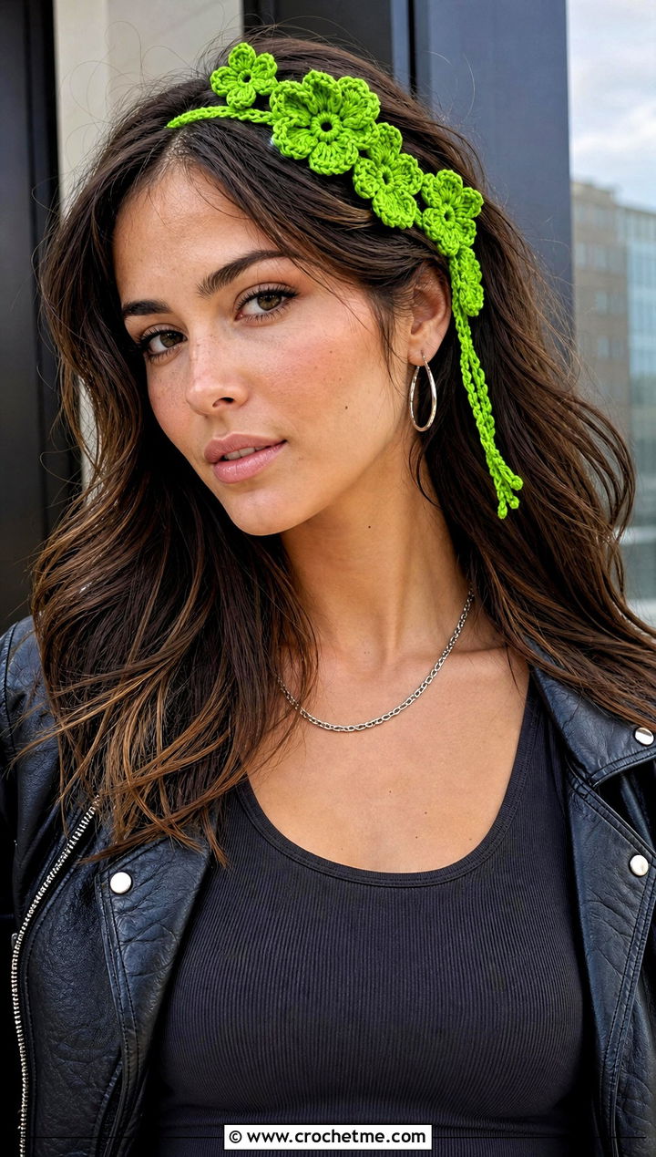 Floral Applique Tie Crochet Adjustable Headband With Leather Jacket - 20 Crochet Adjustable Headband outfit ideas