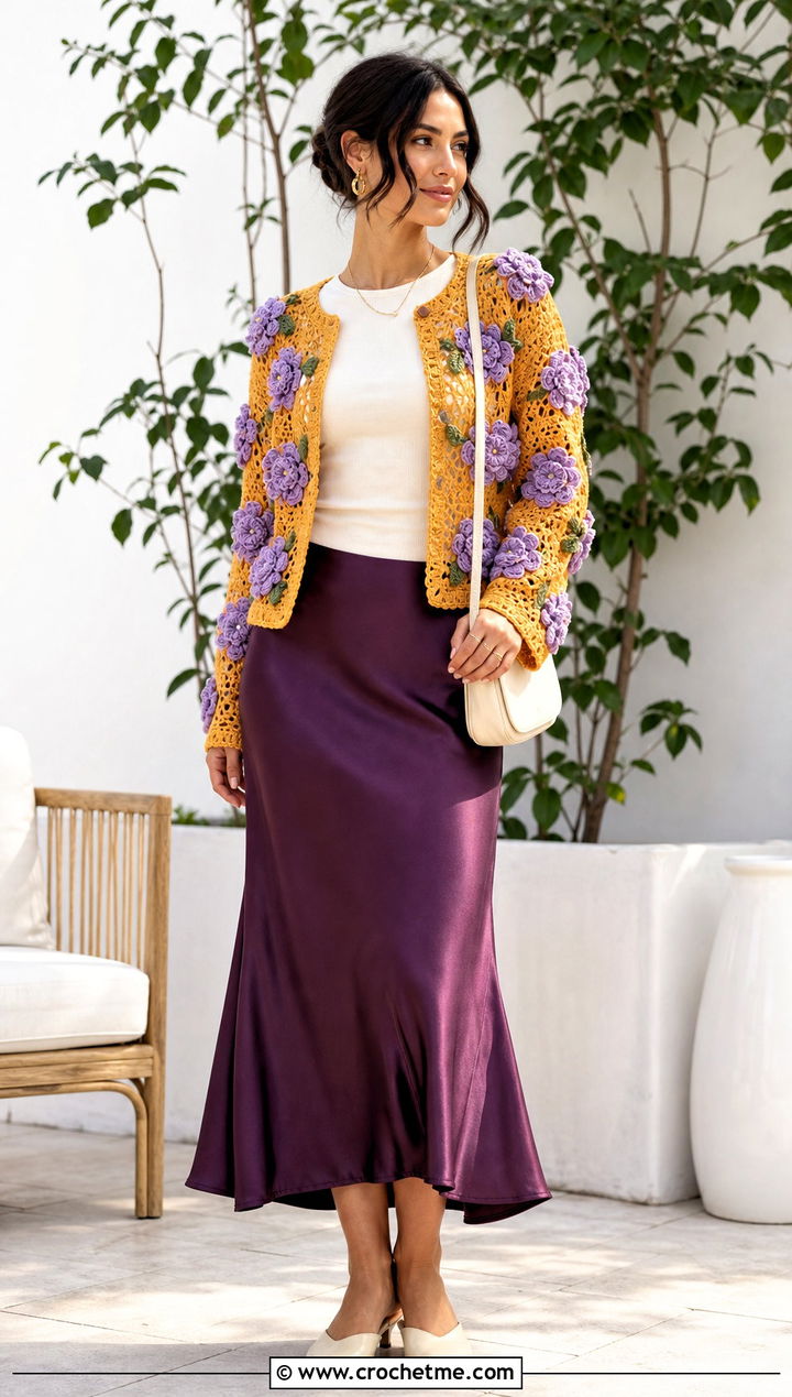 Floral Applique Top Down Crochet Cardigan With Slip Skirt - 30 top down crochet cardigan outfit ideas