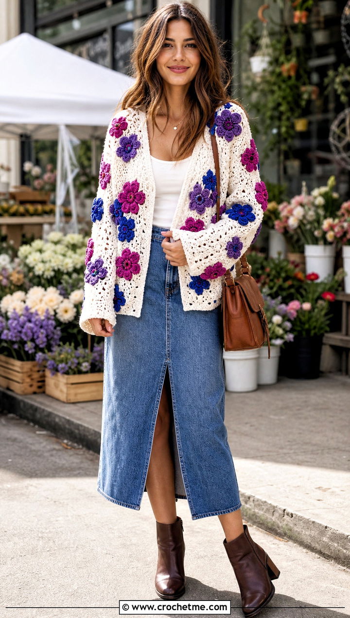 Floral Applique White Crochet Cardigan With Denim Midi Skirt - 15 white crocheted cardigan on table outfit ideas