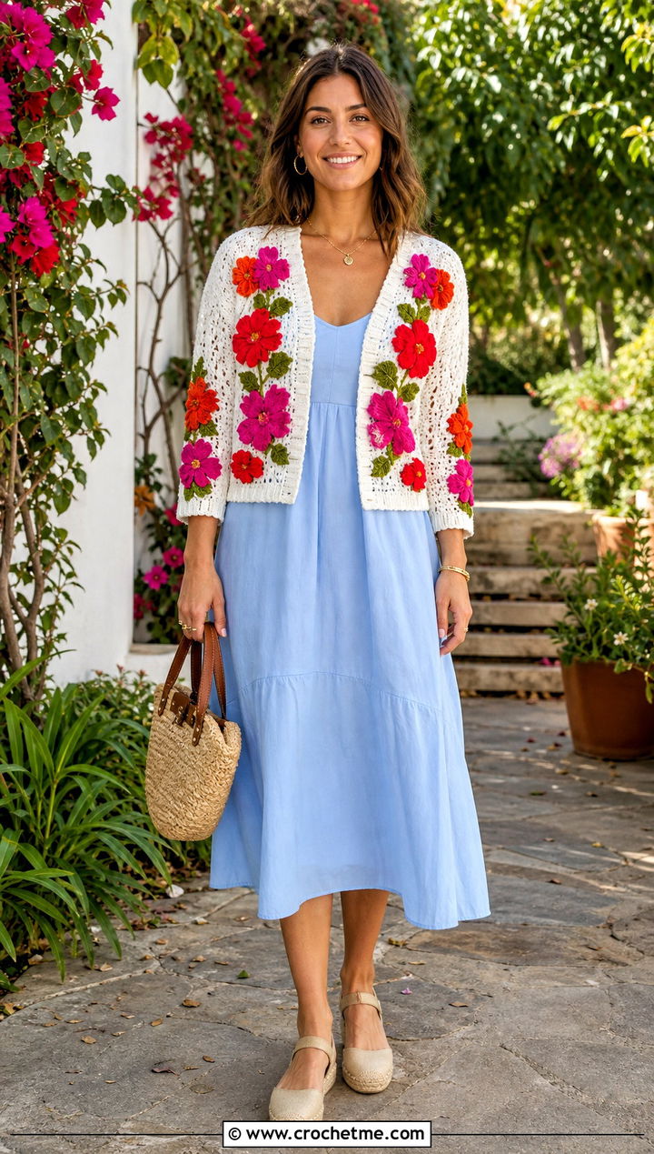 Floral Applique White Crochet Cardigan With Sundress - 35 crochet white cardigan outfit ideas