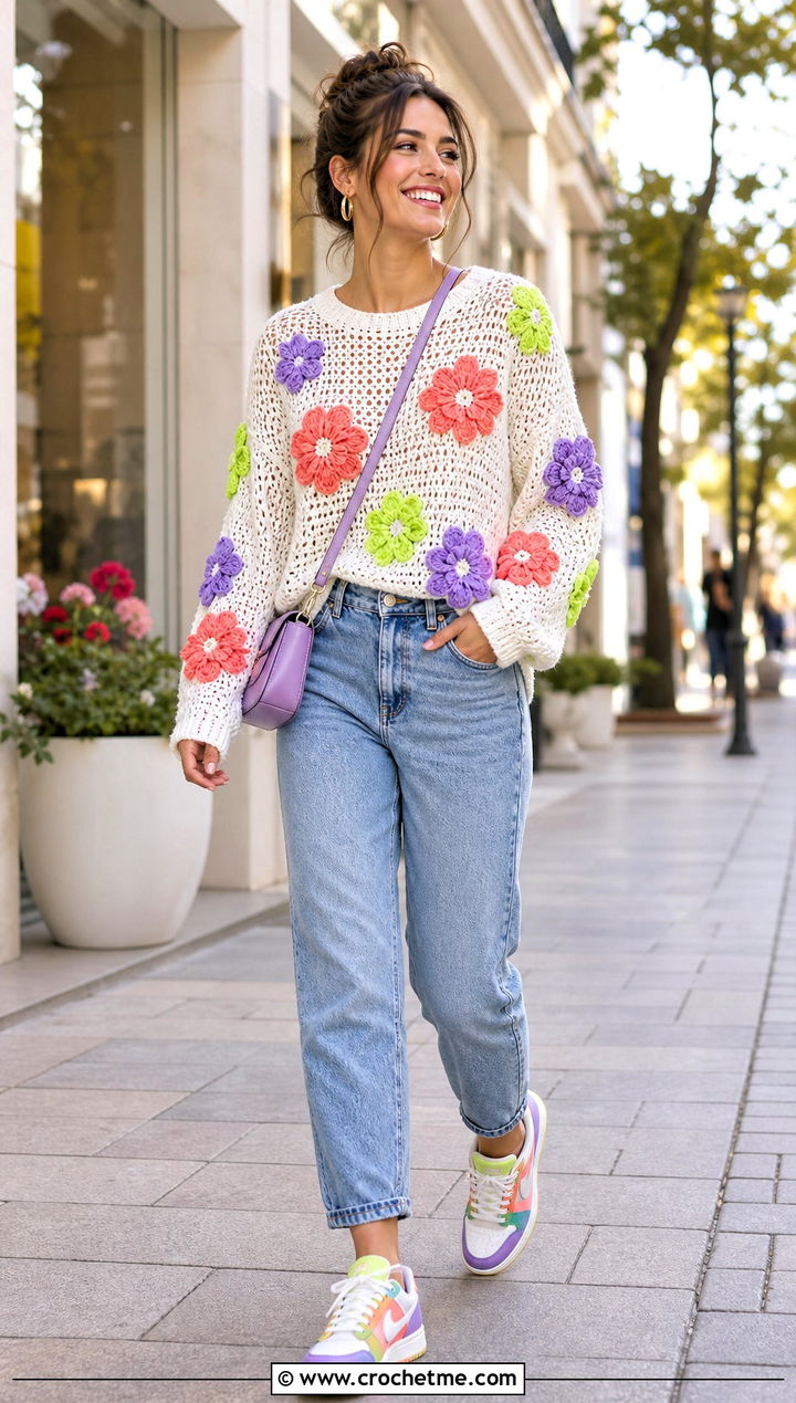 Floral Applique White Crochet Sweater With Mom Jeans - 35 crochet white sweater outfit ideas