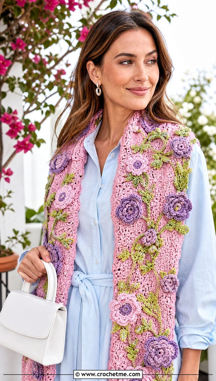 Floral Applique Wide Scarf With Shirt Dress And Mary Janes - 20 Crochet Wide Scarf outfit ideas