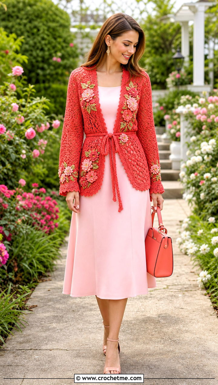 Floral Applique Wrap Crochet Cardigan With Tea Dress - 30 wrap crochet cardigan outfit ideas