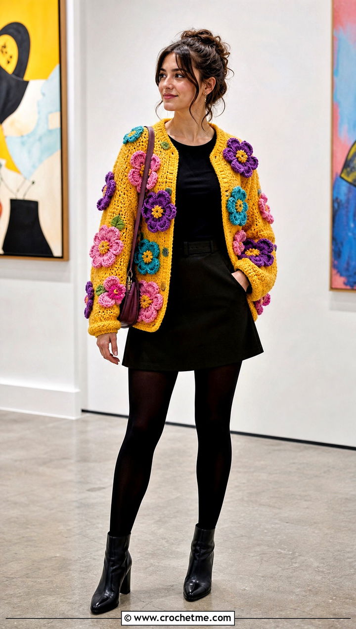 Floral Applique Yellow Crochet Cardigan With Mini Skirt - 30 yellow crochet cardigan outfit ideas