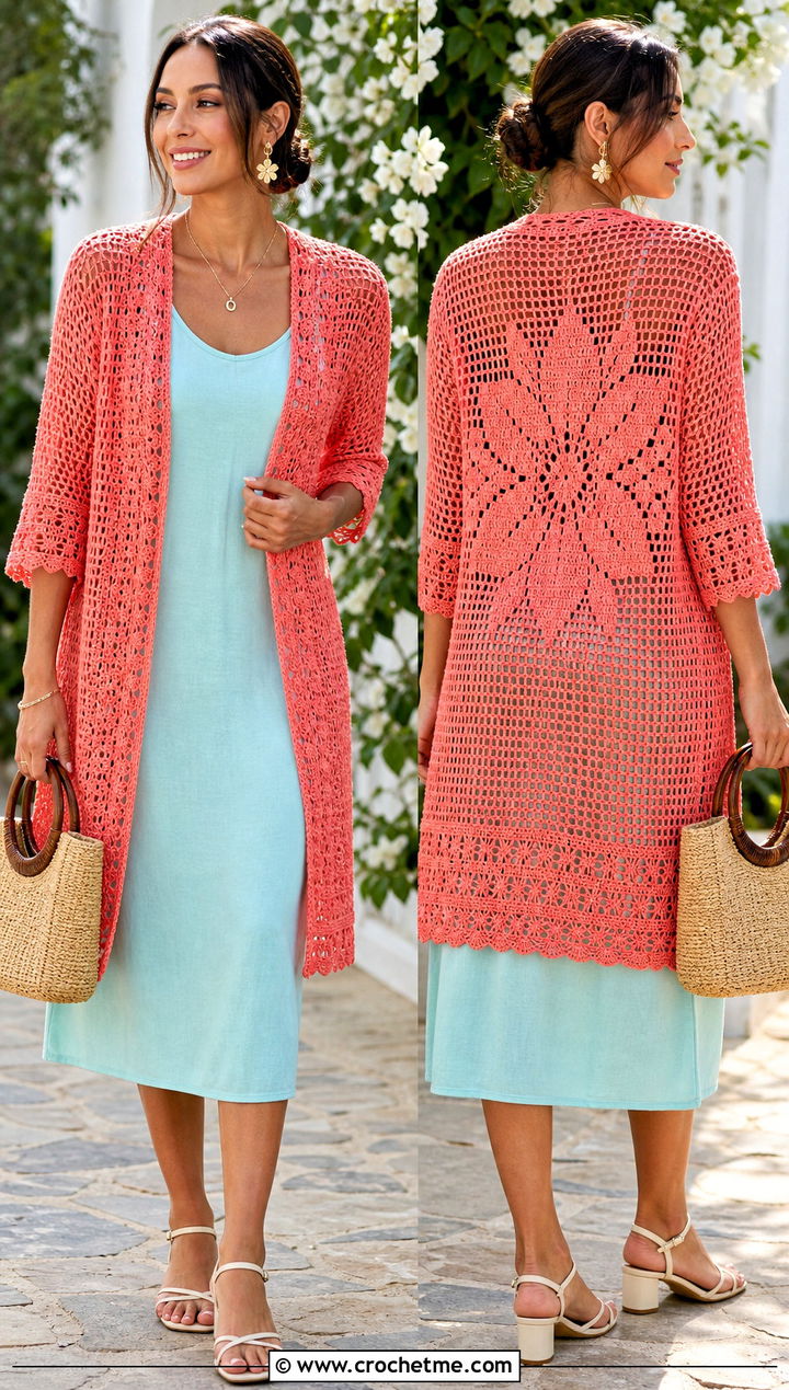 Floral Back Filet Crochet Cardigan With a Tank Dress - 25 filet crochet cardigan outfit ideas