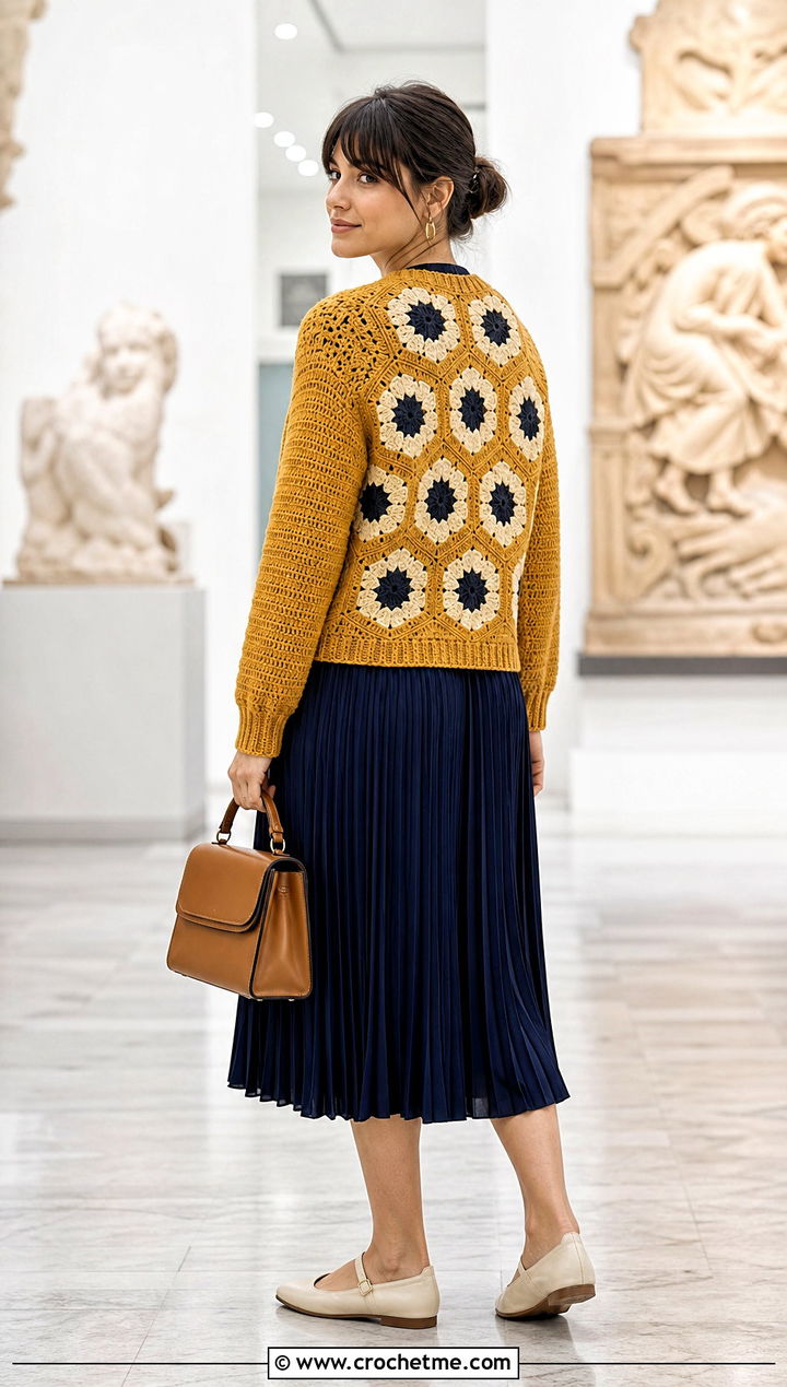 Floral Back Hex Crochet Cardigan With Pleated Midi Skirt - 35 hex crochet cardigan outfit ideas