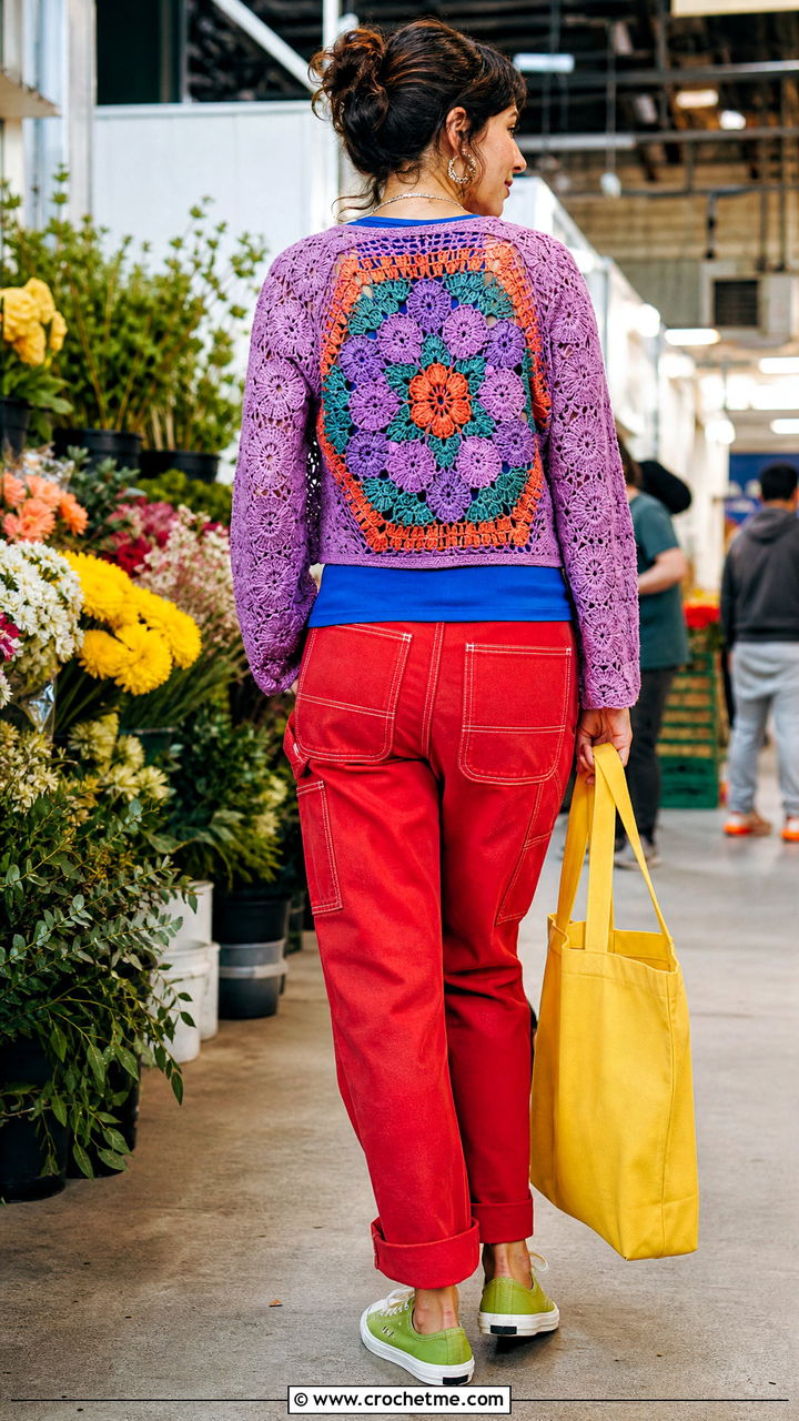 Floral Back Hexagon Cardigan With Carpenter Jeans - 35 crochet hexagon cardigan outfit ideas