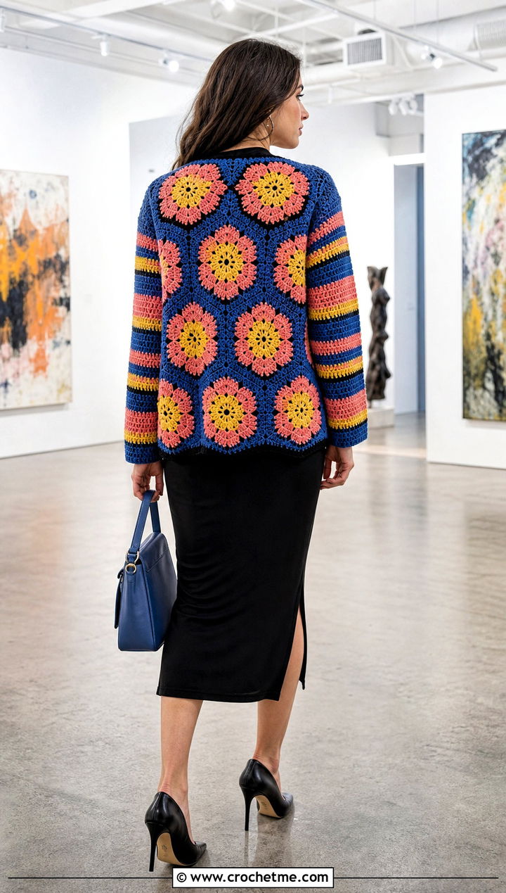 Floral Back Panel Hexagon Crochet Cardigan With Column Dress - 20 Hexagon Crochet Cardigan With Granny Squares outfit ideas