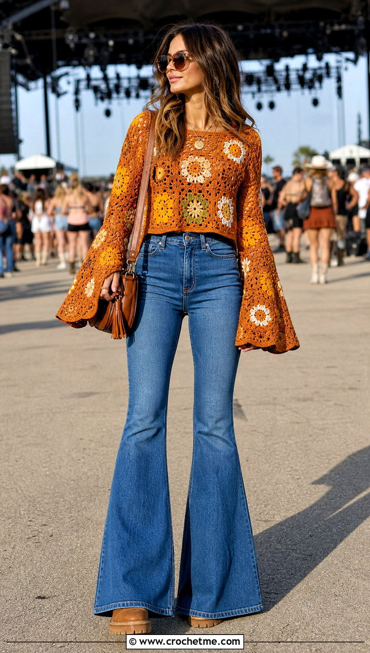 Floral Bell Sleeve Crochet Sweater With Flare Jeans - 35 crochet sweater with flowers outfit ideas