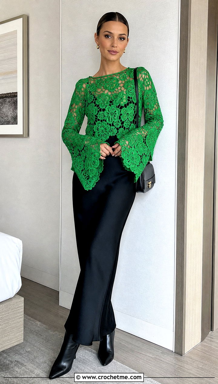 Floral Bell Sleeve Crochet Top Over A Slip Dress - 25 flower crochet tops outfit ideas