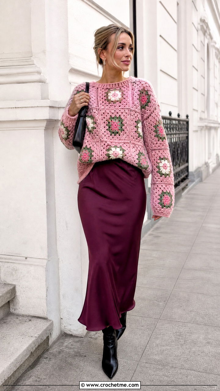 Floral Big Granny Square Sweater With Slip Skirt - 35 big granny square sweater outfit ideas