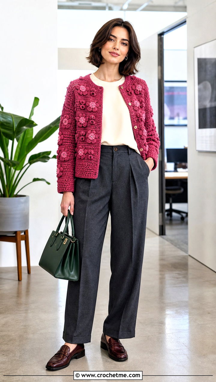 Floral Bobble Cardigan With Pleated Trousers - 25 Crochet Bobble Cardigan outfit ideas