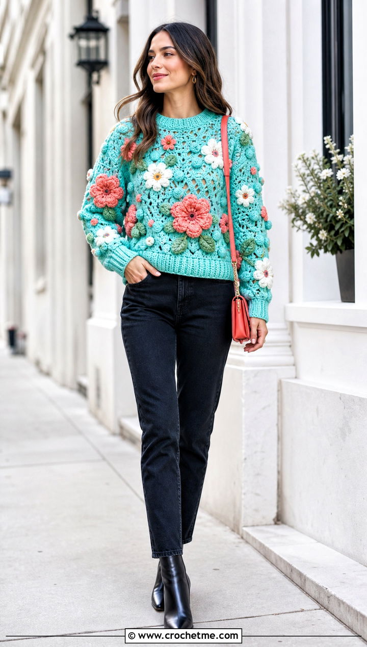 Floral Bobble Sweater With Black Jeans - 25 crochet bobble sweater outfit ideas