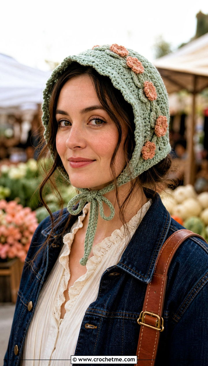 Floral Bonnet Beanie With Prairie Blouse And Jeans - 30 crochet flower beanie outfit ideas
