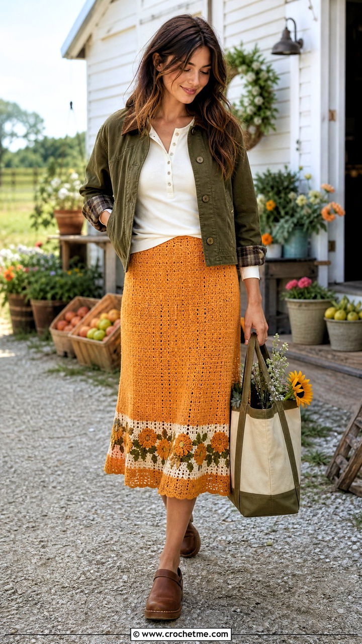 Floral Border Crochet Midi Skirt With Barn Jacket - 35 crochet flower skirt outfit ideas