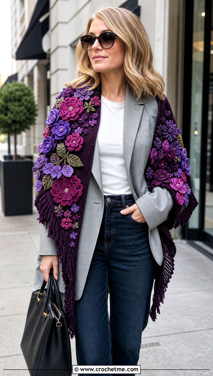 Floral Bouquet Shawl With Blazer And Straight Jeans - 15 Crochet Floral Shawl outfit ideas