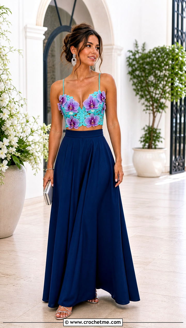 Floral Bustier Crochet Bralette With Full Maxi Skirt - 15 crochet bralette with floral design outfit ideas
