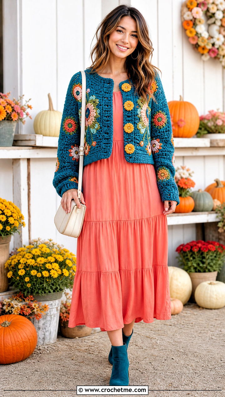 Floral Button Chunky Crochet Crop Cardigan With Tiered Dress - 25 Chunky Crochet Crop Cardigan outfit ideas