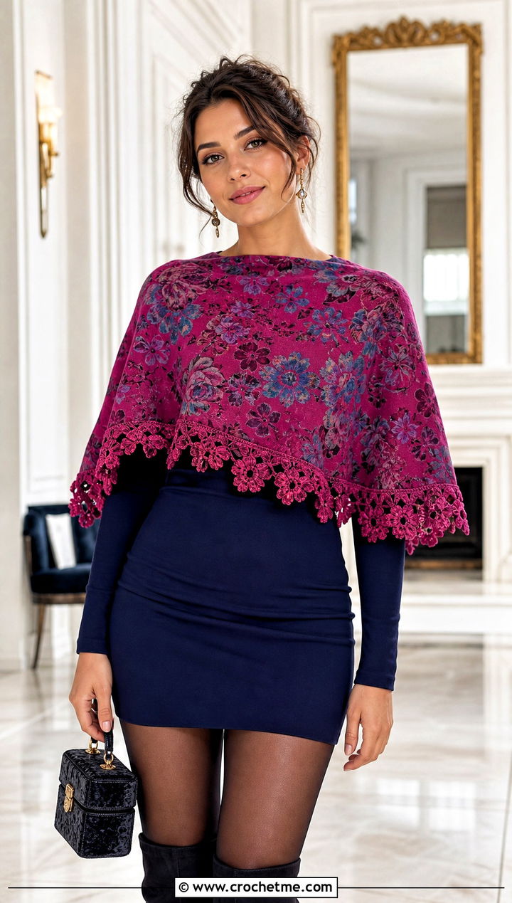 Floral Capelet Shawl With Mini Dress And Tall Boots - 15 Crochet Floral Shawl outfit ideas