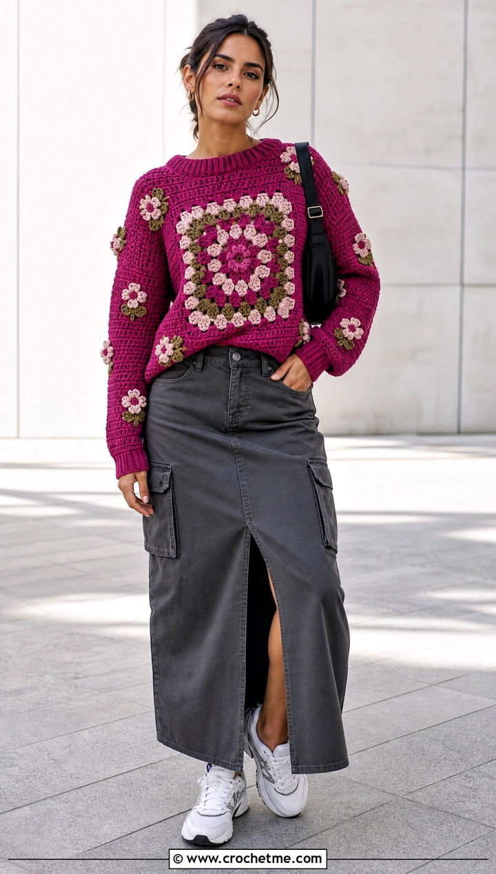 Floral Center Granny Square Pullover Sweater With Cargo Maxi Skirt - 35 Granny Square Pullover Sweater outfit ideas