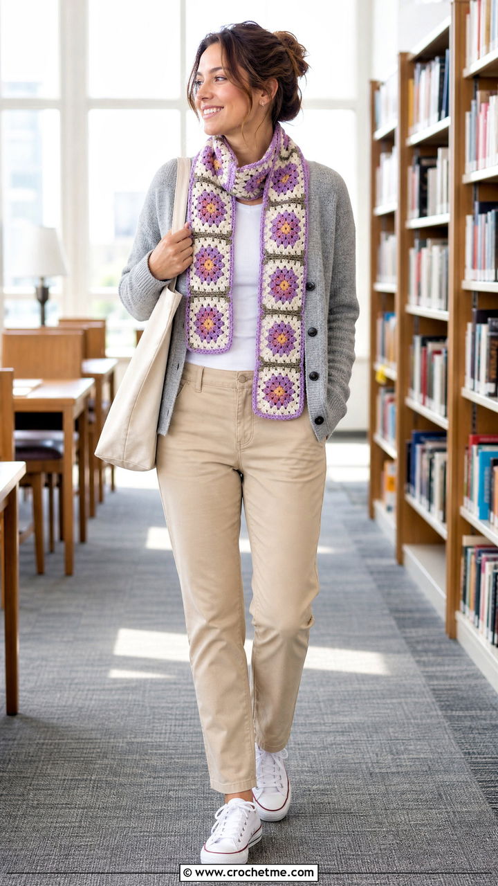 Floral Center Granny Square Scarf With Cardigan And Chinos - 35 granny square scarf outfit ideas