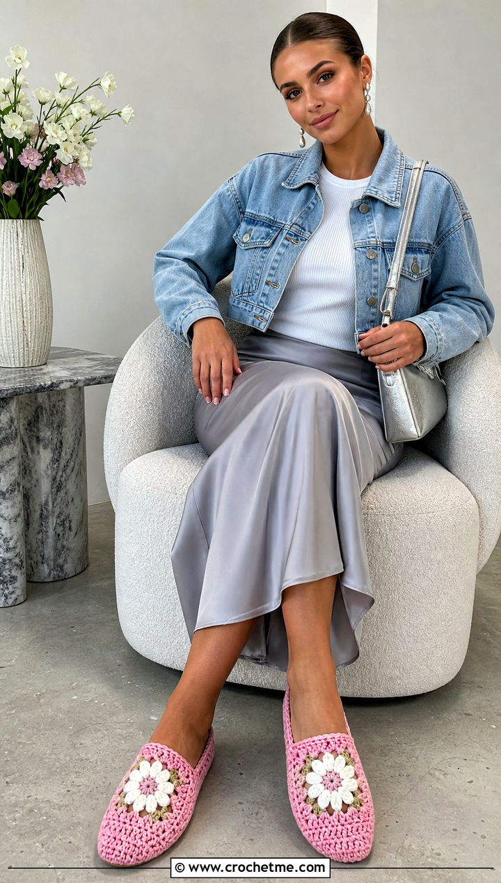 Floral Center Granny Square Slippers With Satin Skirt - 25 Crochet Granny Square Slippers outfit ideas