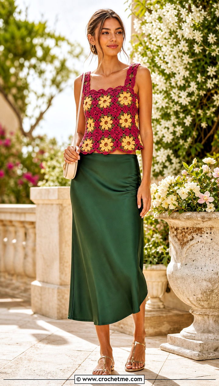 Floral Center Granny Square Top With Bias Cut Midi Skirt - 35 granny squares top outfit ideas