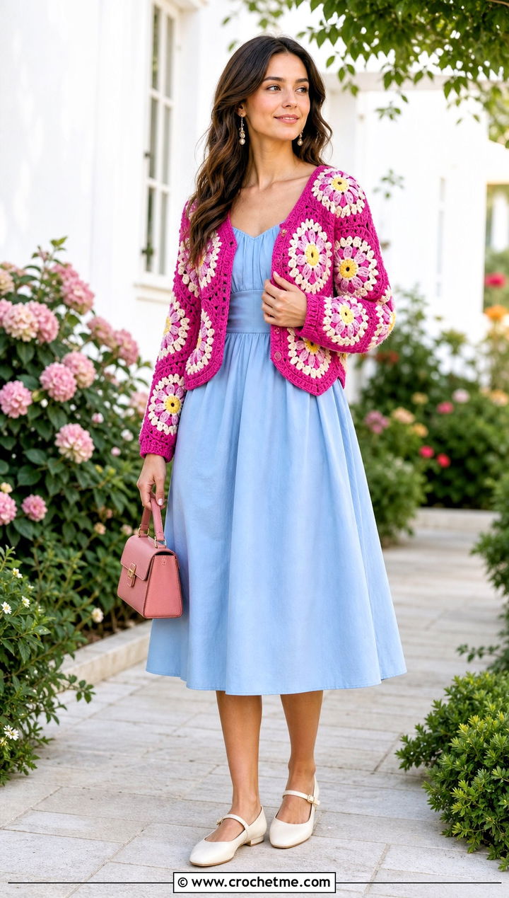 Floral Center Hexagon Granny Square Cardigan With Tea Dress - 35 hexagon granny square sweater outfit ideas