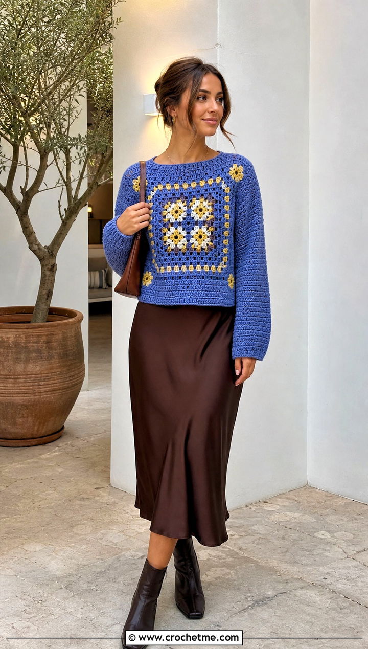 Floral Center Square Jumper With Slip Dress - 30 crochet square jumper outfit ideas