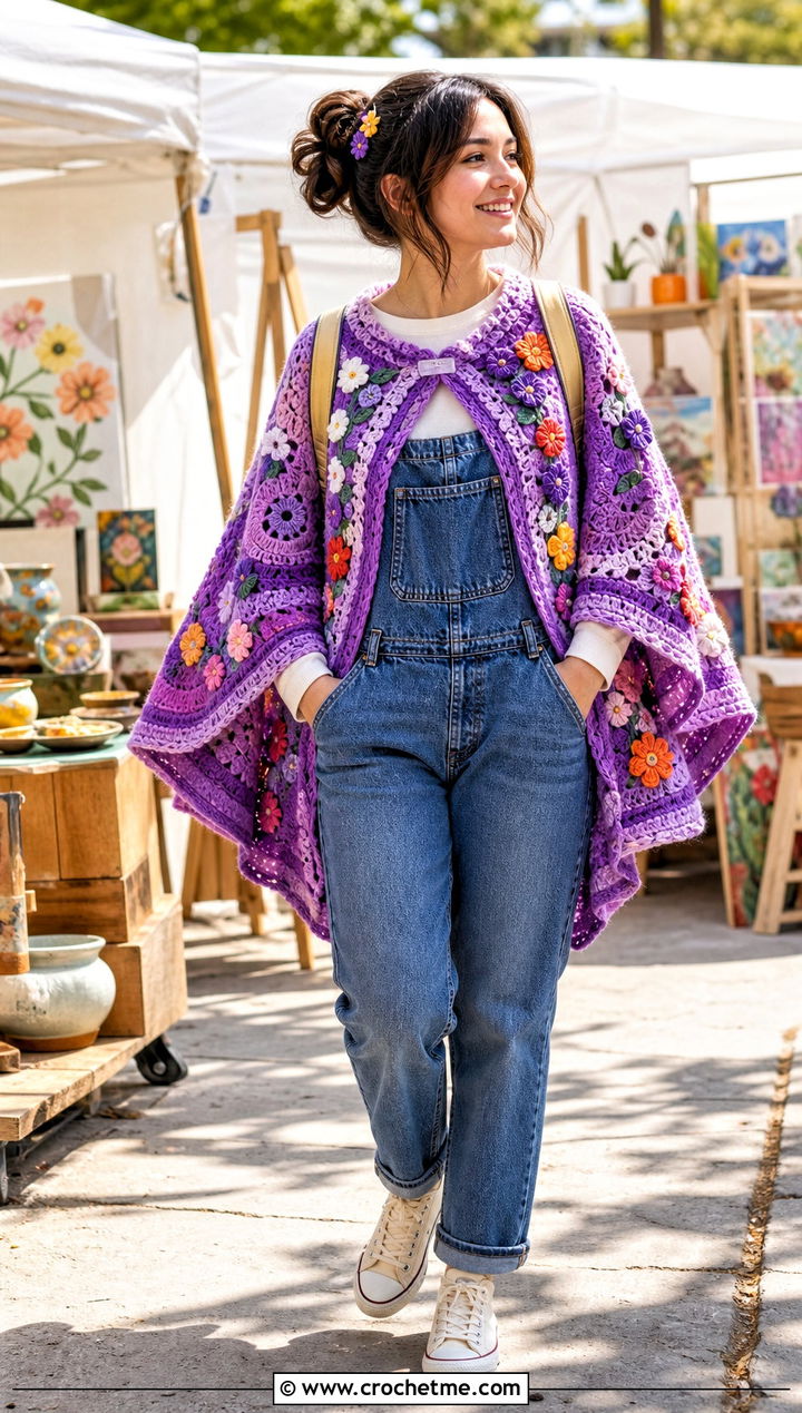 Floral Circle Poncho With Denim Overalls - 25 Crochet Circle Poncho outfit ideas