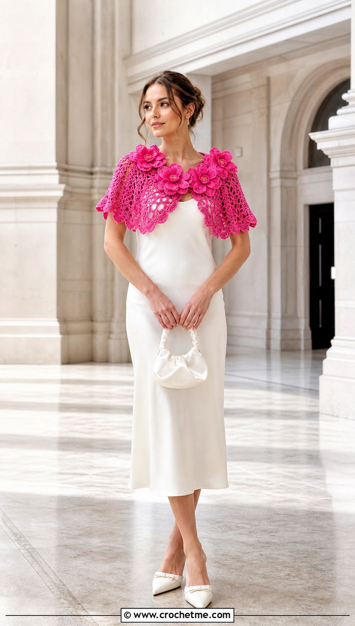 Floral Collar Crochet Capelet With Midi Slip Dress - 25 Crochet Wedding Cape outfit ideas