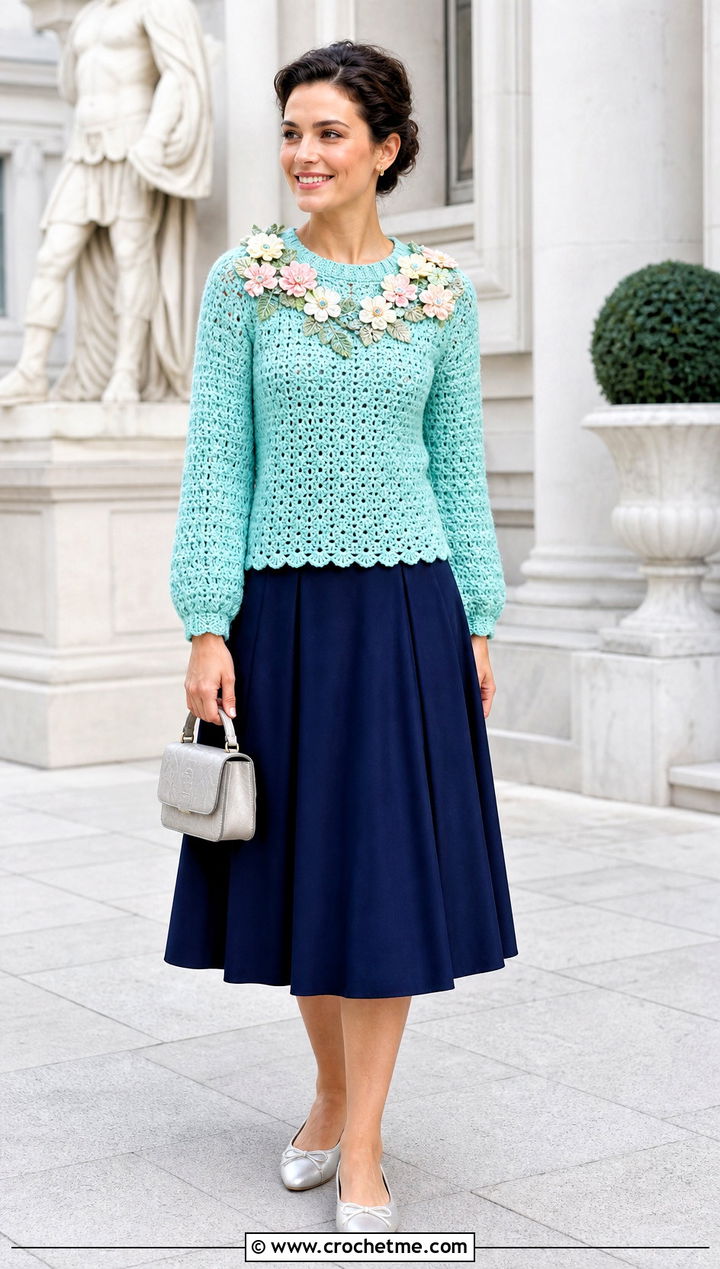 Floral Collar Crochet Sweater With A Line Midi Skirt - 30 crochet flower sweater outfit ideas