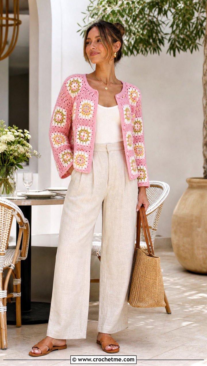 Floral Cotton Granny Square Cardigan With Linen Trousers - 25 cotton granny square cardigan outfit ideas