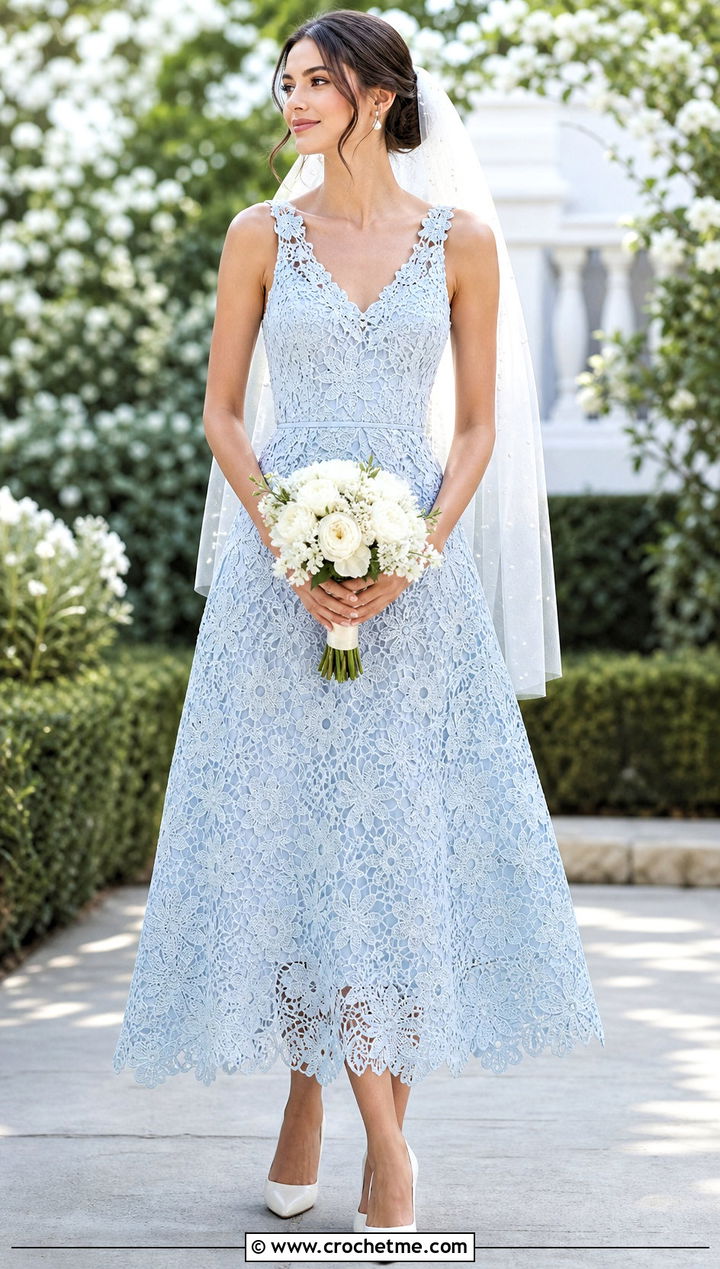 Floral Crochet A Line Bridal Dress With Pearl Veil - 30 crochet bridal dress outfit ideas