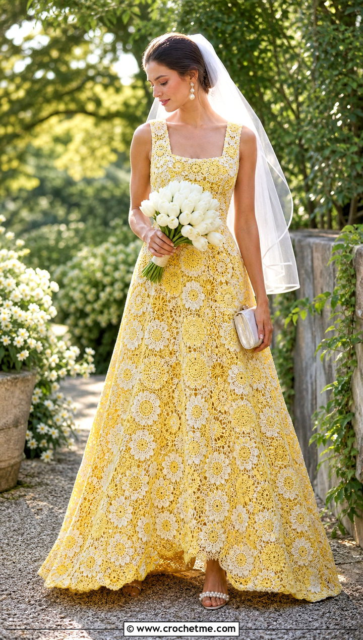 Floral Crochet A Line Bridal Gown With Pearl Heels - 15 Handmade Crochet Bridal Gown outfit ideas