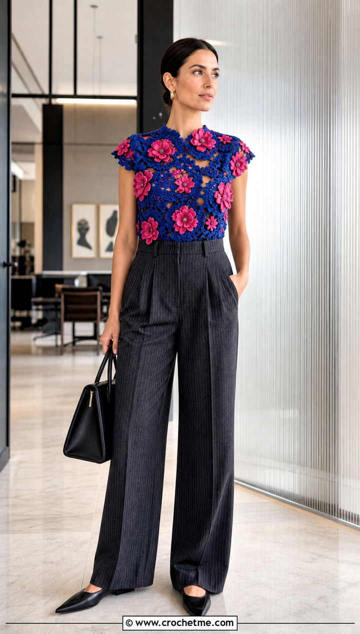 Floral Crochet Applique Top With Pinstripe Pants - 35 floral crochet top outfit ideas