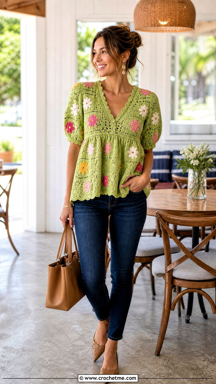 Floral Crochet Babydoll Top With Slim Jeans - 35 crochet flower top outfit ideas