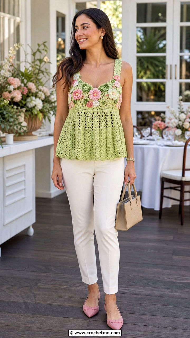 Floral Crochet Babydoll Top With Slim Pants - 35 crochet floral top outfit ideas