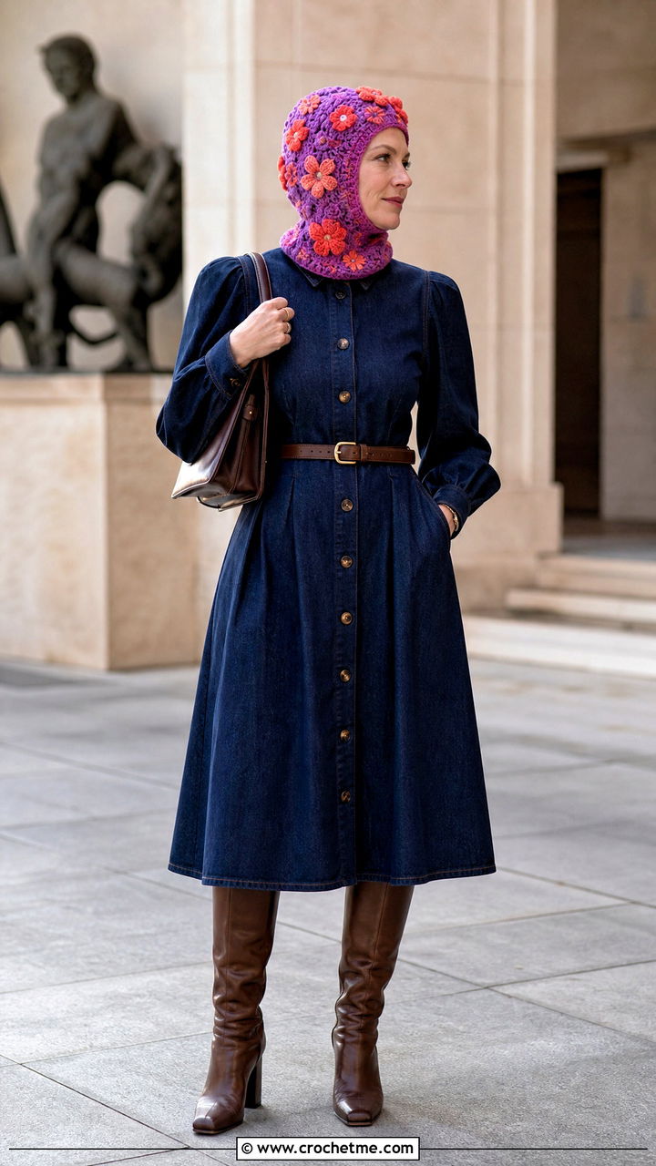 Floral Crochet Balaclava With Denim Dress And Boots - 35 crochet balaclava outfit ideas