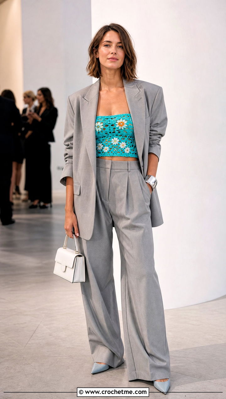 Floral Crochet Bandeau Top With Oversized Pantsuit - 15 Flower Crochet Top outfit ideas