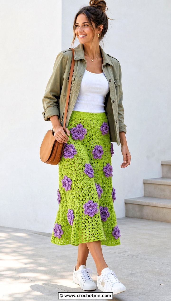 Floral Crochet Barbie Skirt With Utility Jacket - 25 Crochet Barbie Skirt outfit ideas